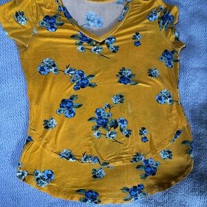 Latched Mama Mustard Yellow Floral V-Neck Boyfriend Style Short Sleeve Top